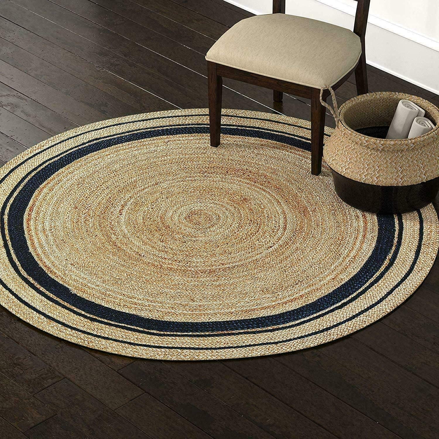 Avgari Creation Natural Jute Rug Hand Braided Round Area Rug Handmade Rug for Home Decor (2 Feet Round (24x24 Inches), Beige + BlackLine)