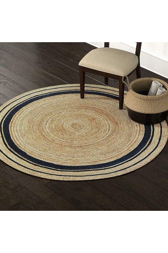 Natural Jute Rug Hand Braided Round Area Rug Handmade Rug for Home Decor (2 Feet Round (24x24 Inches), Beige + BlackLine)