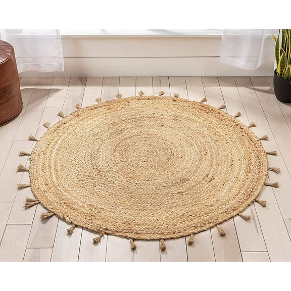Avgari Creation Round Beige Farm House Area Living Room Indoor Outdoor Rugs Carpet-12 Feet Round with Tassels
