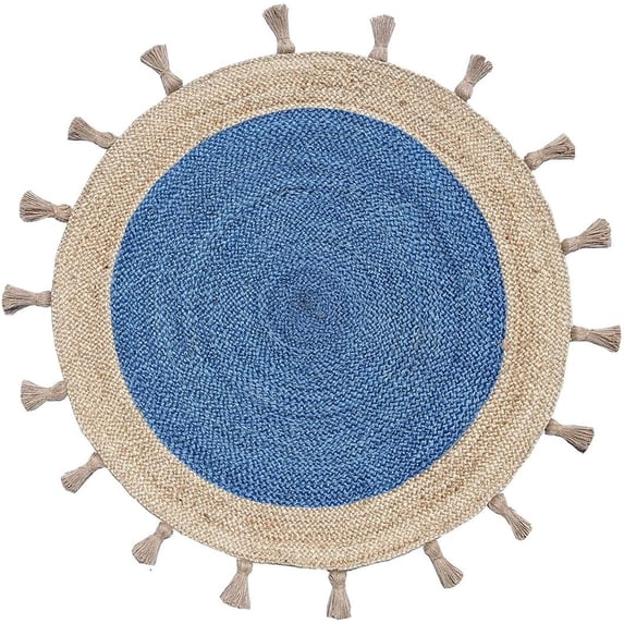 Avgari Creation Round Blue Farm House Area Living Room Indoor Outdoor Rugs Carpet-3 Feet Round with Tassels