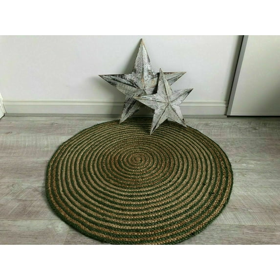 Avgari Creation Round Handmade Green Hand Braided Jute Rug Rustic Area Rug Carpet Door Mat- 24 Inch