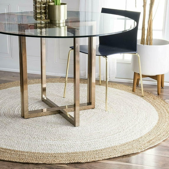 Avgari Creation Round Handmade Natural Jute Rug Are Rug for Home Decor (6 Feet Round (72x72 Inches), White + Beige Border)