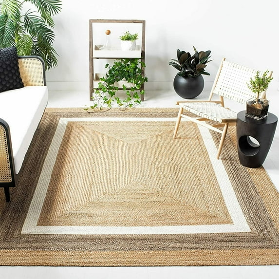 Avgari Creation Square White Border Beige Living Area Jute Rug Carpet Soild Rag Rug-108 inch (9 Feet)