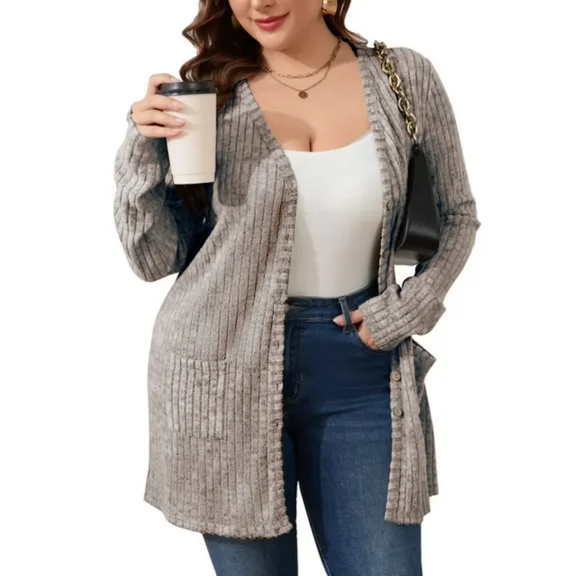 AviBest Plus Size Cardigans for Women Lightweight Long Sleeve Open Front Button Up Fall Thin Cardigans with Pockets, 1XL-5XL