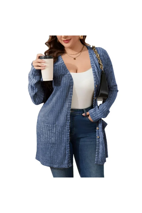 Plus Size Cardigans for Women Lightweight Long Sleeve Open Front Button Up Fall Thin Cardigans with Pockets, 1XL-5XL