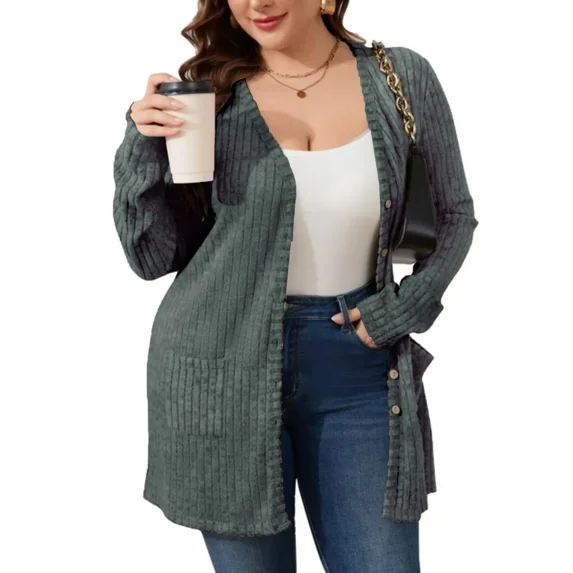 AviBest Plus Size Cardigans for Women Lightweight Long Sleeve Open Front Button Up Fall Thin Cardigans with Pockets, 1XL-5XL