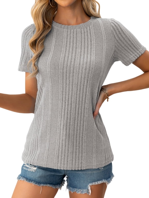 Women's T-Shirts , Ribbed Crew Neck Short Sleeve Tshirts