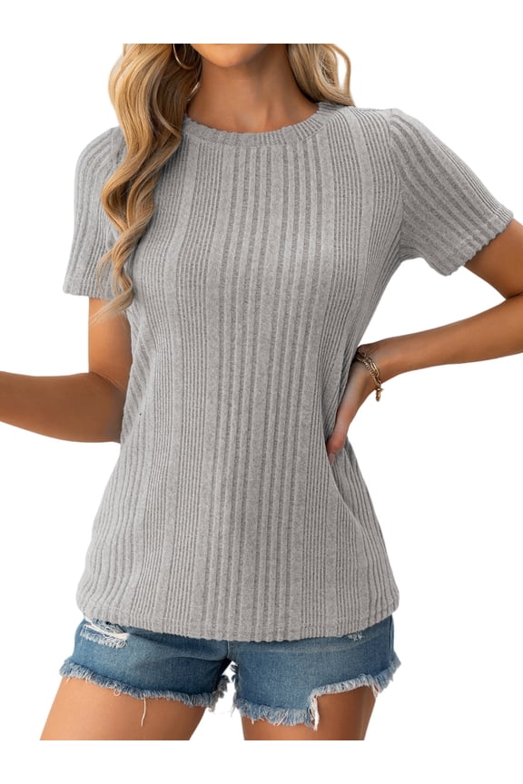 Women's T-Shirts , Ribbed Crew Neck Short Sleeve Tshirts