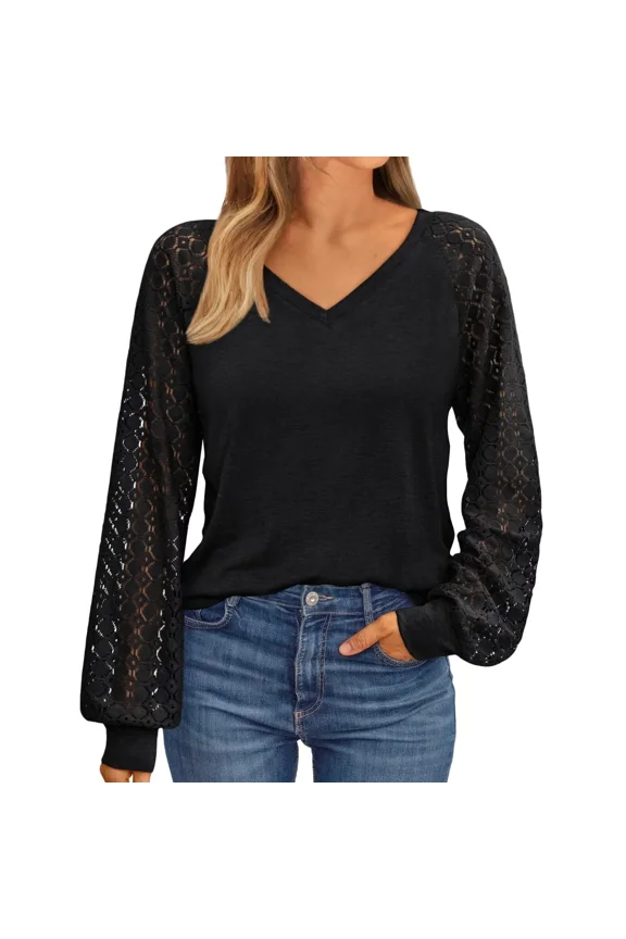 Womens Long Sleeve Shirts V-Neck Lace Tops Ladies New Fashion Blouses