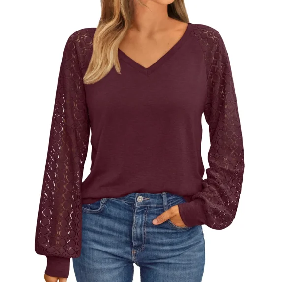 AviBest Womens Long Sleeve Shirts V-Neck Lace Tops Ladies New Fashion Clothes Knitted Y2k Blouses