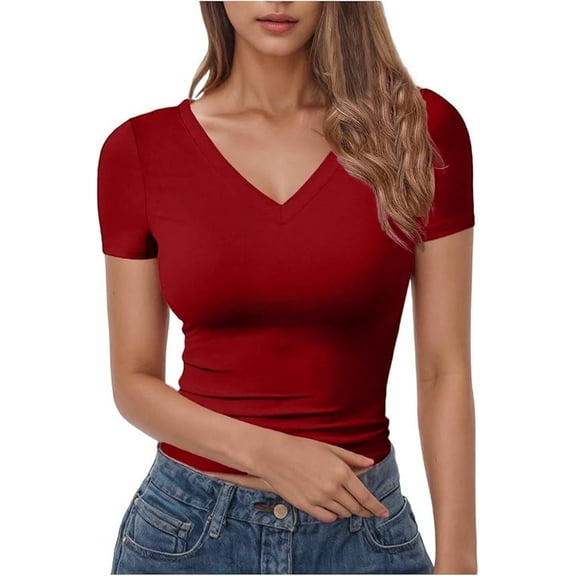 AviBest Womens V Neck Short Sleeve T Shirt Slim Fit Basic Tees Y2k Fitted Tops Sexy Tight Shirts