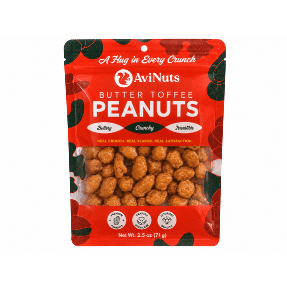 AviNuts Butter Toffee Peanuts, Sweet Crunchy Roasted Peanut Snack, Contains Peanuts, Single-Serve 2.5 oz Pouch
