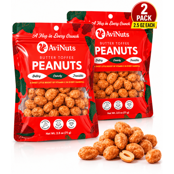 AviNuts Butter Toffee Peanuts, Sweet and Crunchy Toffee-Coated Peanut Snack, Contains Peanuts, Two 2.5 oz Pouches, 2 pack, 5 oz Total