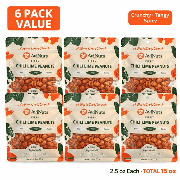AviNuts Chili Lime Peanuts, 6 pack (2.5 oz Each), Crunchy Peanuts with Chili & Citrus Seasoning, Ready-to-Eat Snack, Total 15 oz
