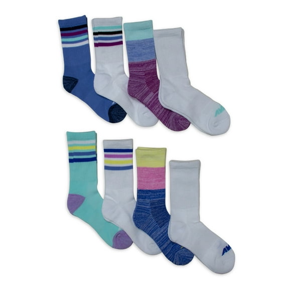 Avia Girls Performance Cushioned Crew Socks for Girls, Sizes S-L, 8 Pairs
