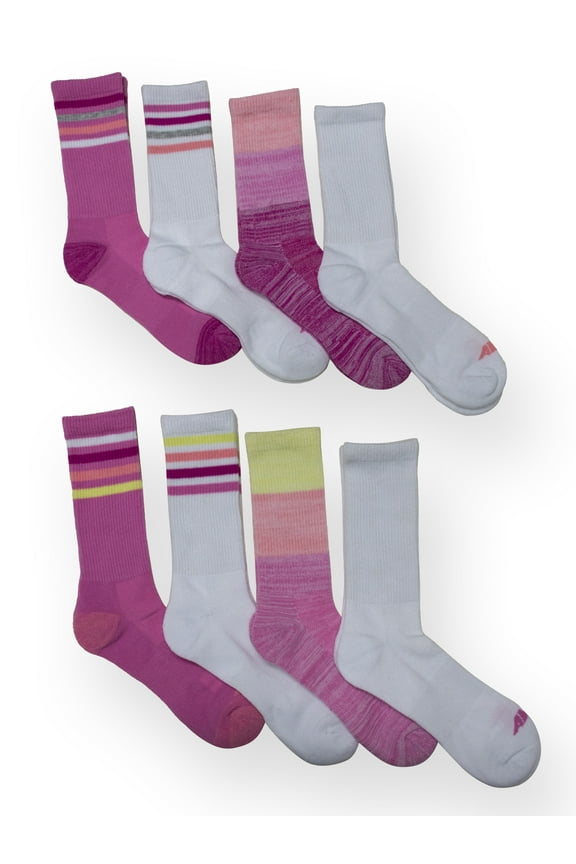 Girls Performance Cushioned Crew Socks for Girls, Sizes S-L, 8 Pairs