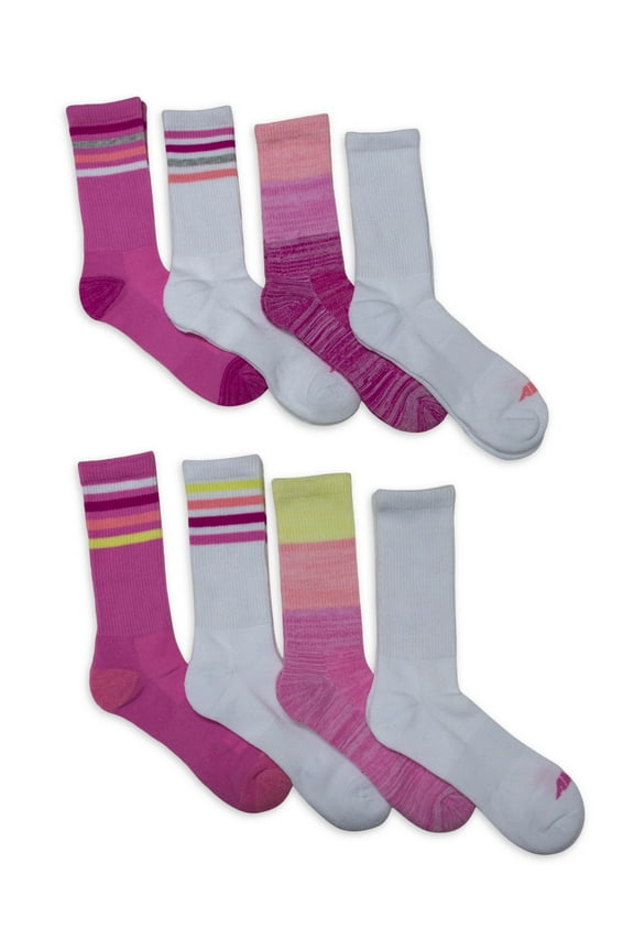 Girls Performance Cushioned Crew Socks, 8-Pack, Sizes S-L