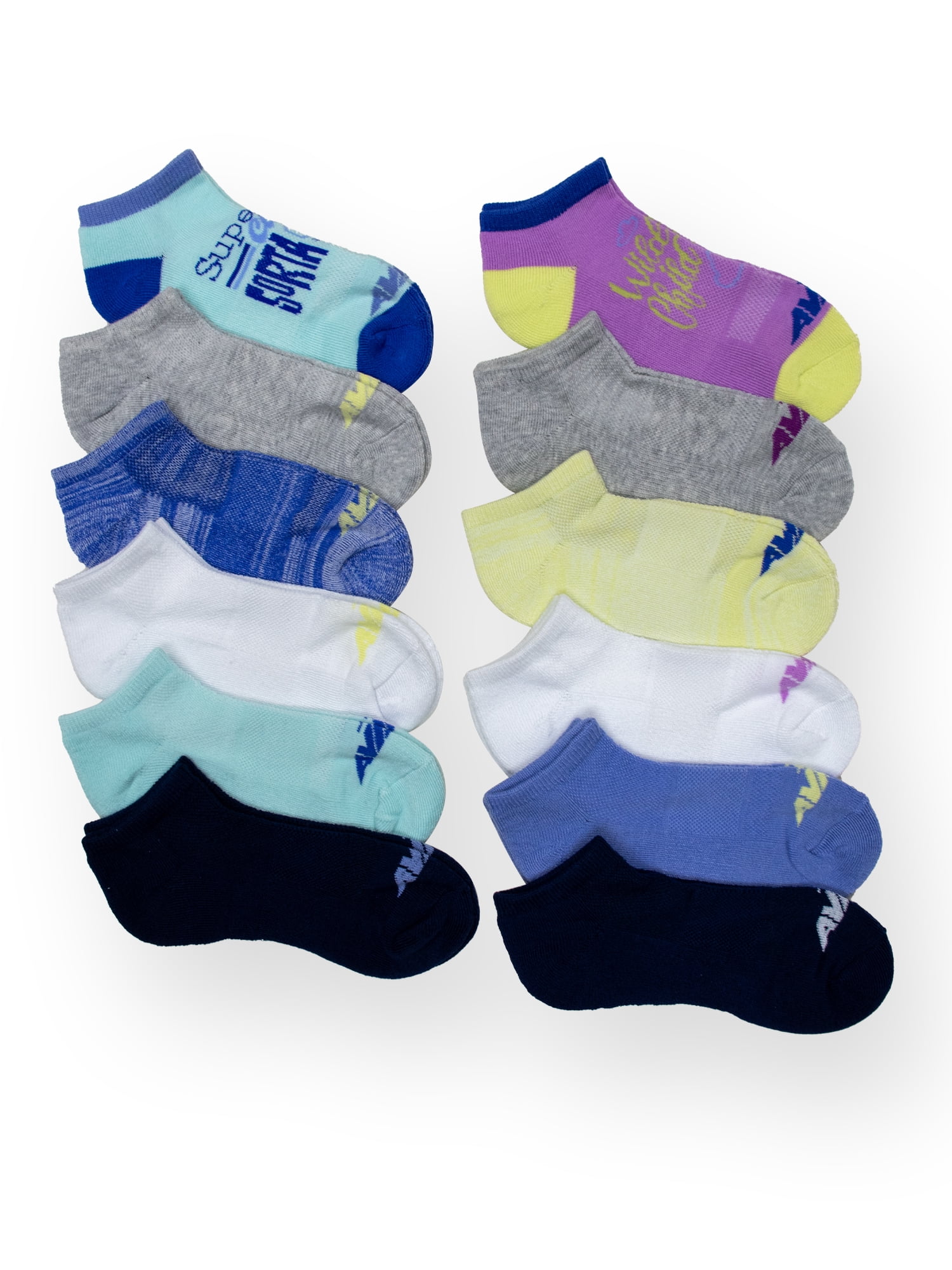 Avia Girls Performance Cushioned No Show Socks for Girls, Sizes S-L, 12 Pairs