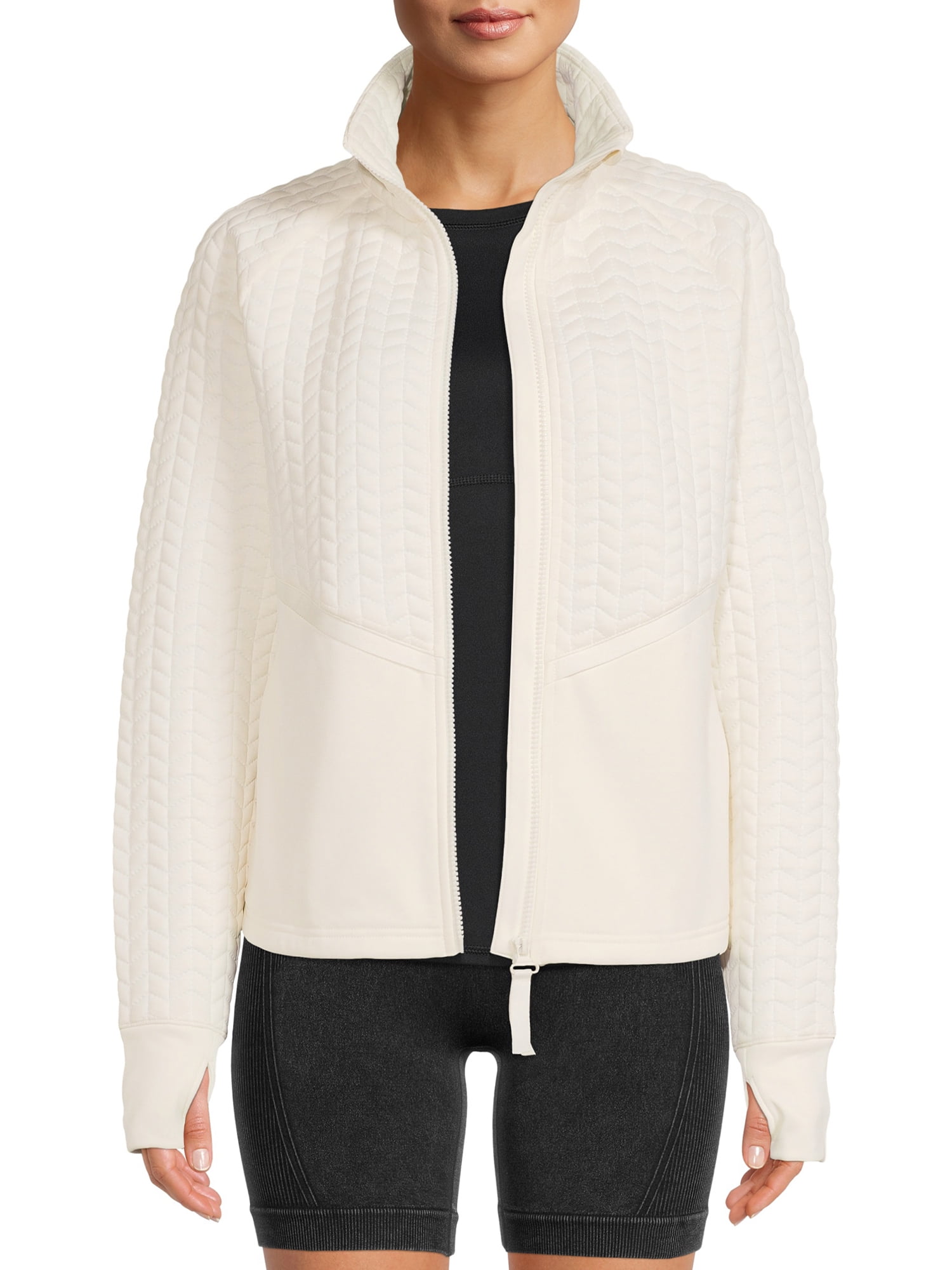 Avia Women's Full Zip Quilted Mixed Media Jacket With Thumbholes