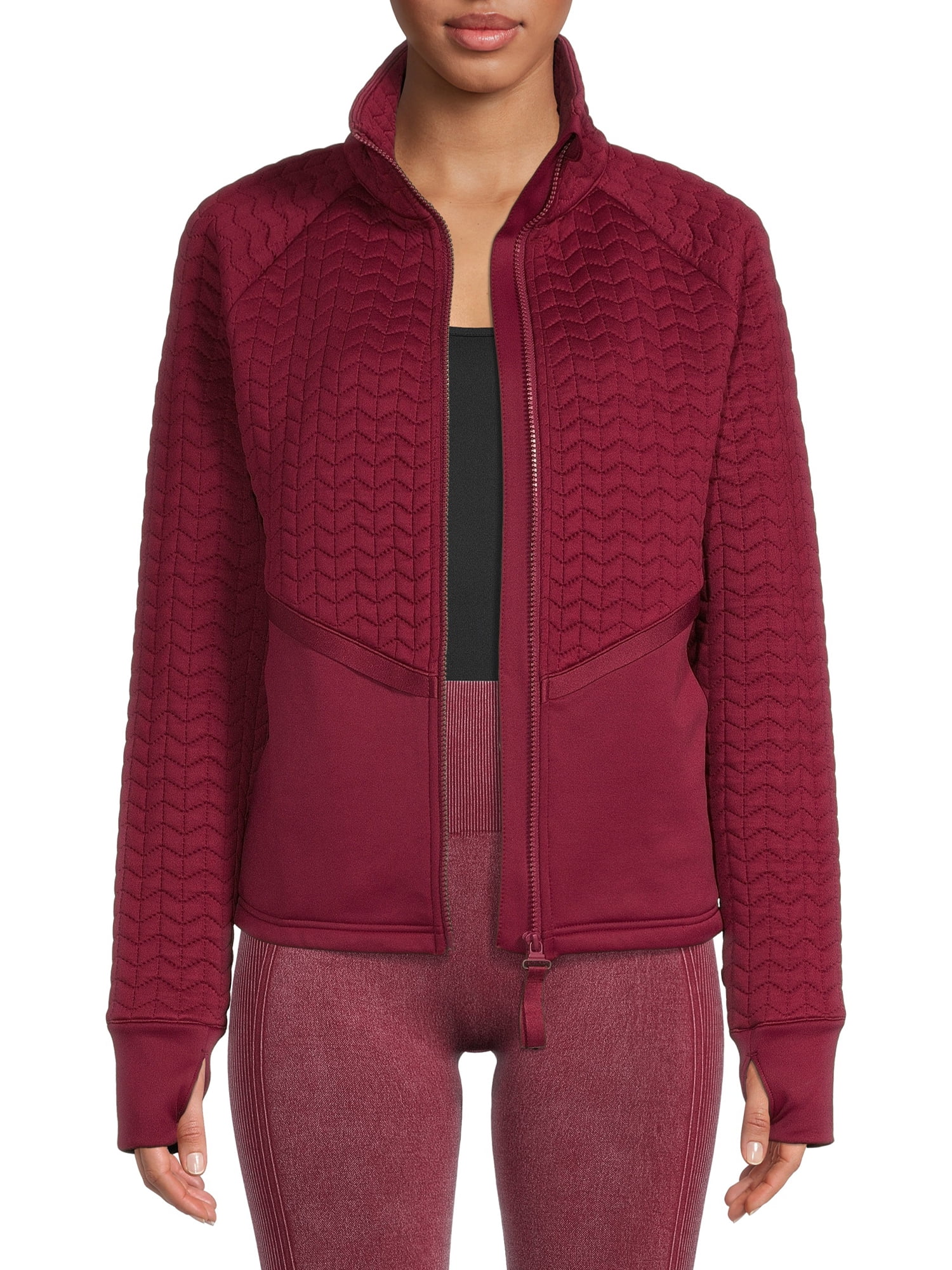 Avia Women's Full Zip Quilted Mixed Media Jacket With Thumbholes
