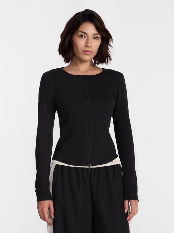 Women's Ribbed Zip Front Cardigan with Long Sleeves, Sizes XS-XXXL