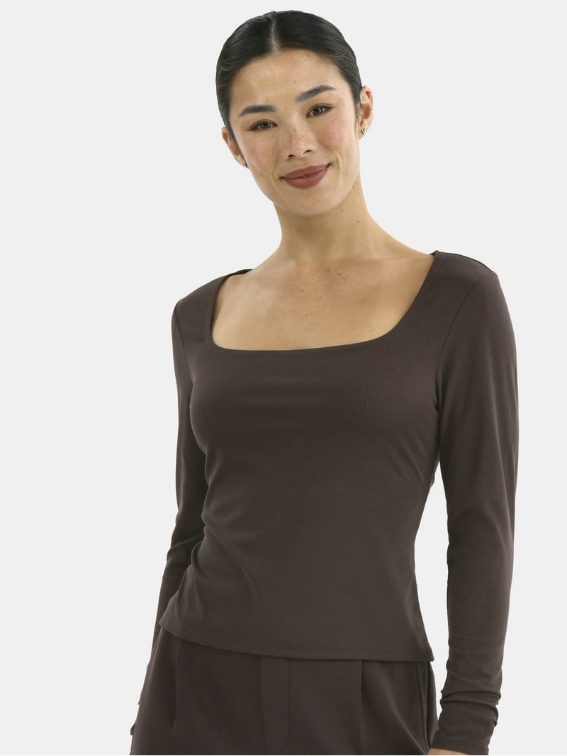 Avia Women's Square Neck Ribbed Long Sleeve Top, Sizes XS-XXXL