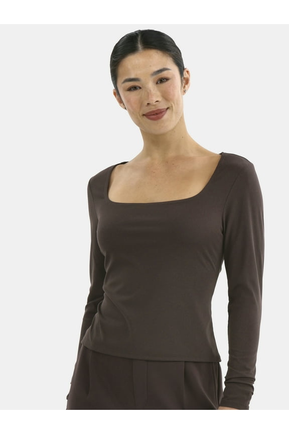 Women's Square Neck Ribbed Long Sleeve Top, Sizes XS-XXXL