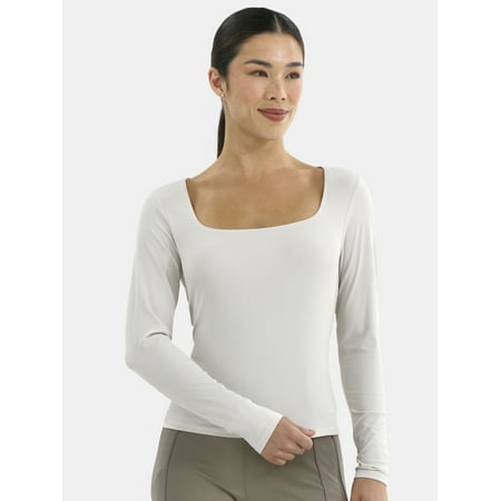 Avia Women's Square Neck Ribbed Long Sleeve Top, Sizes XS-XXXL