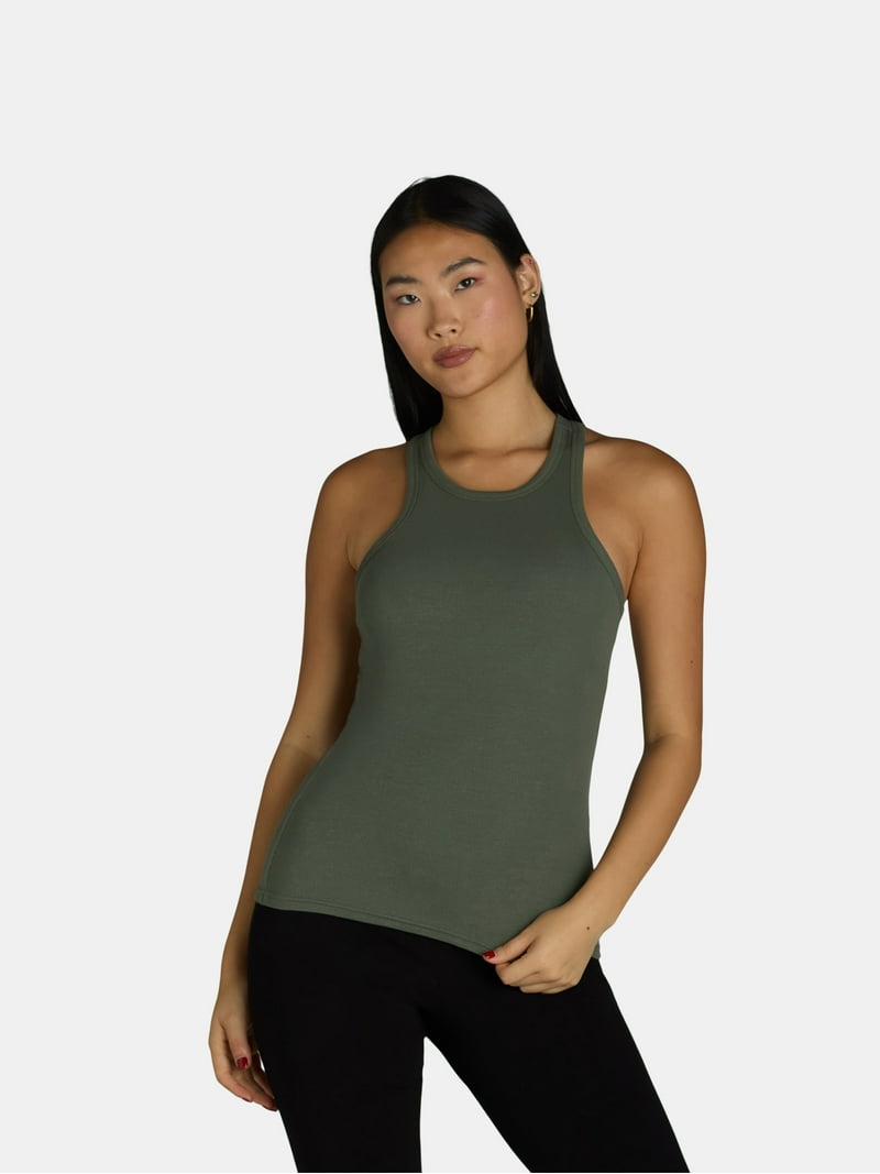 Avia Women's Ribbed Tank Top with Built-In Shelf Bra, Moisture