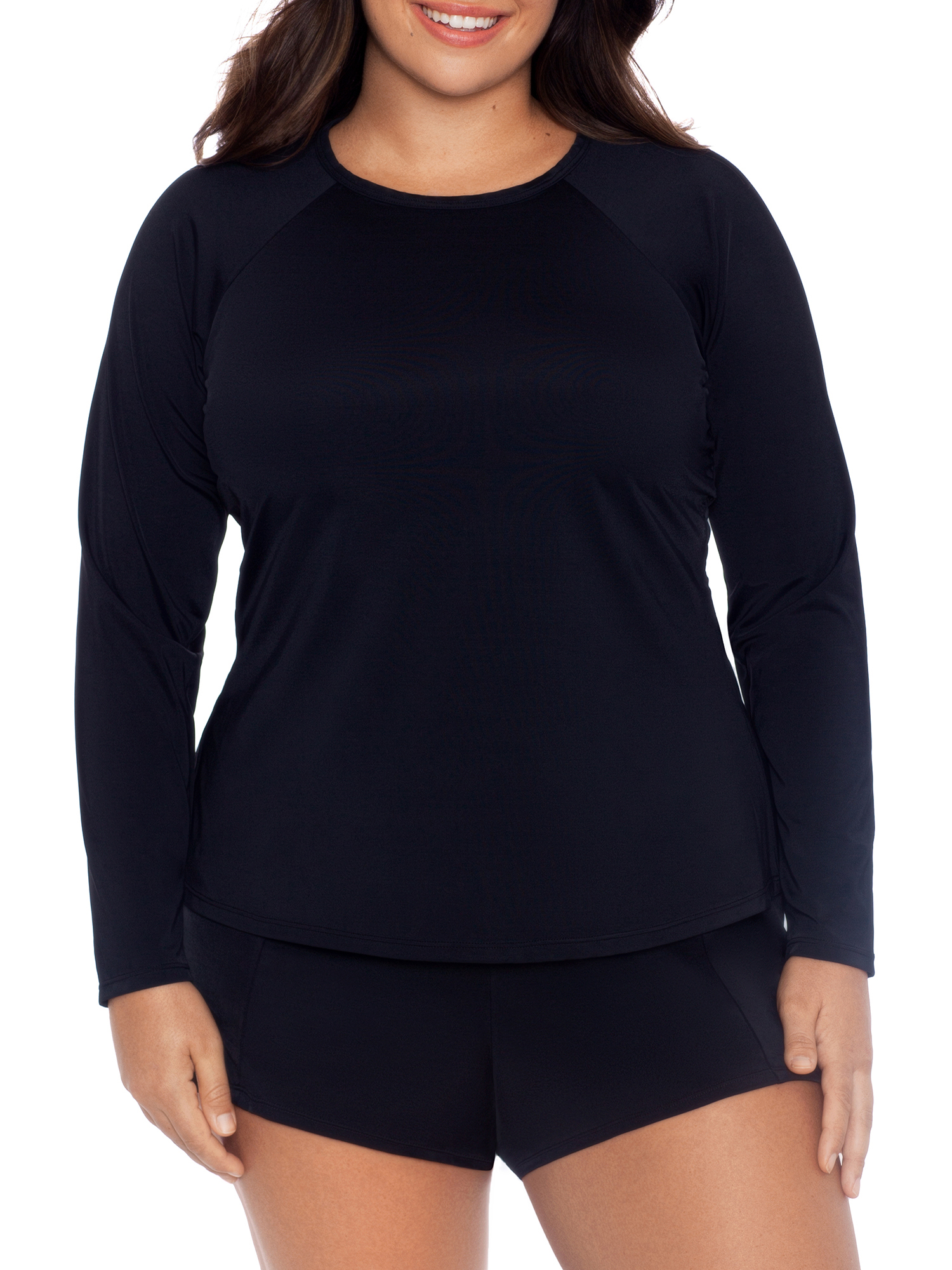Avia Women's and Women's Plus Size Black Long Sleeve Rashguard Swimsuit