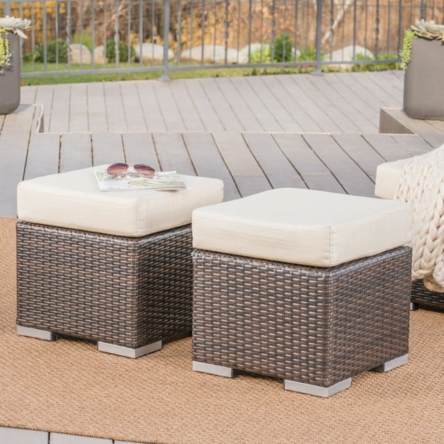 Avianna Outdoor 16 Inch Wicker Ottoman Seat with Cushion, Set of 2, Multibrown, Beige