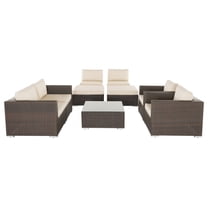 Avianna Outdoor Wicker 6 Seater Sofa Chat Set with Ottoman, Multibrown and Beige Fabric