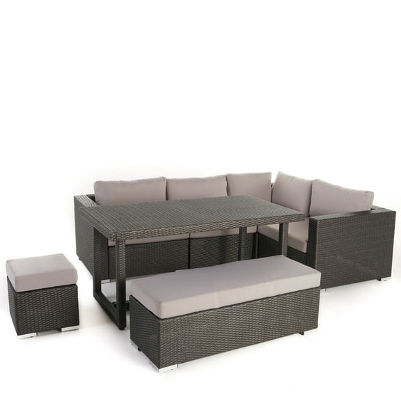 Avianna Outdoor Wicker 7 seater Dining Sofa Set with Cushions, Gray and Light Gray