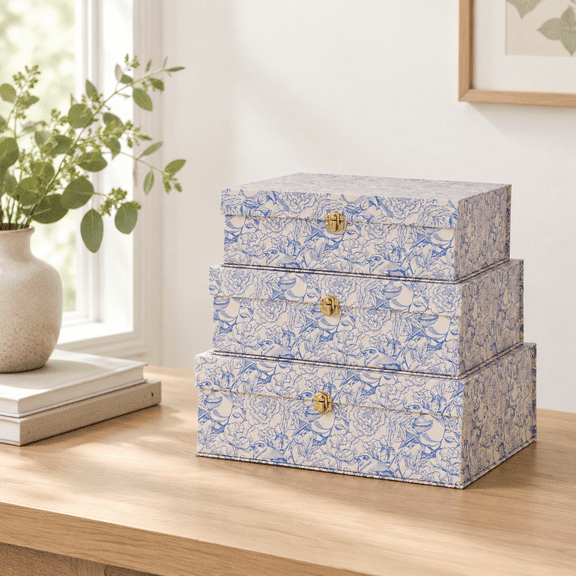 Aviary Garden Blue Decorative Nesting Boxes, Set of 3, Sturdy Cardboard Construction