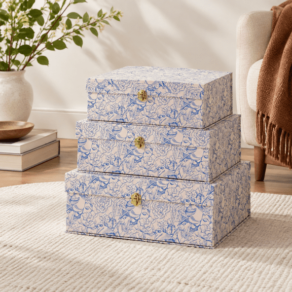 Aviary Garden Blue Floral Nesting Storage Boxes Set of 3 with Hardware