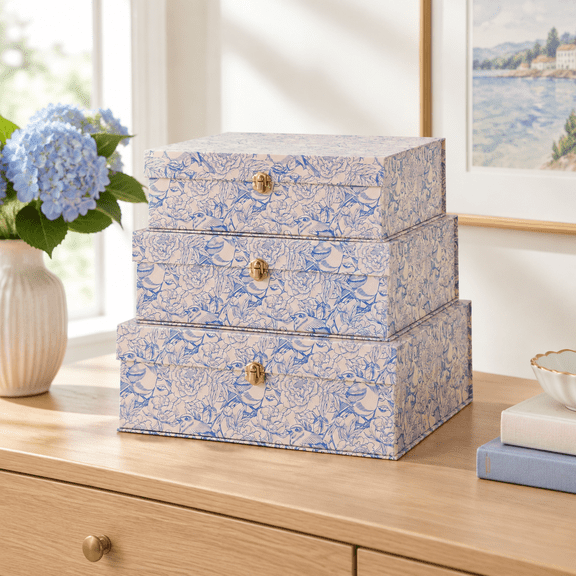 Aviary Garden Blue Floral Nesting Storage Boxes Set of 3 with Hardware