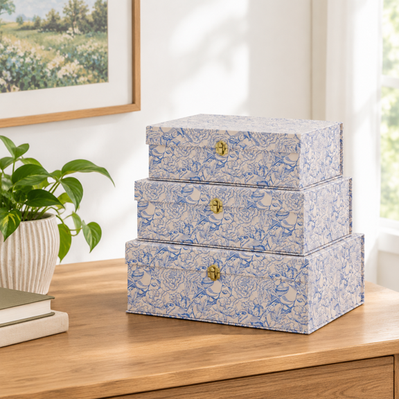 Aviary Garden Blue Nesting Storage Boxes Set of 3, Sturdy Cardboard with Floral Bird Pattern