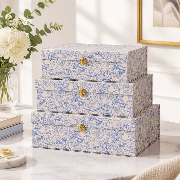 Aviary Garden Floral Print Nesting Storage Boxes Set of 3 with Hardware