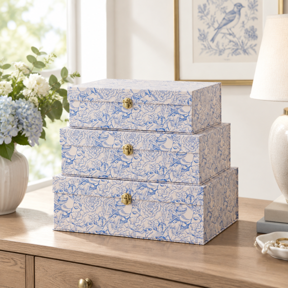 Aviary Garden Nesting Storage Boxes Set, Blue Floral Pattern, Set of 3
