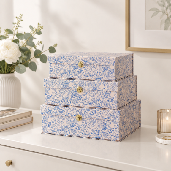 Aviary Garden Nesting Storage Boxes, Set of 3, Blue and White Floral Bird Design