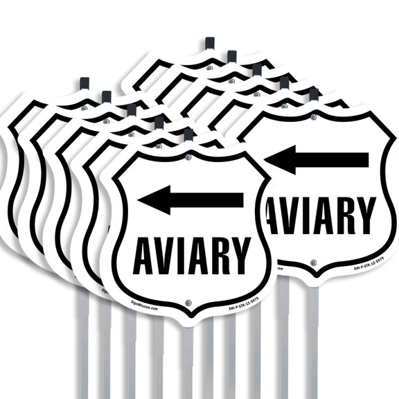 Aviary Left (10 Pack) 12 inch X 12 inch Shield Shaped Rust-Free Aluminum Metal Signs with Aluminum Mounting Stakes Weather Resistant Made in the USA