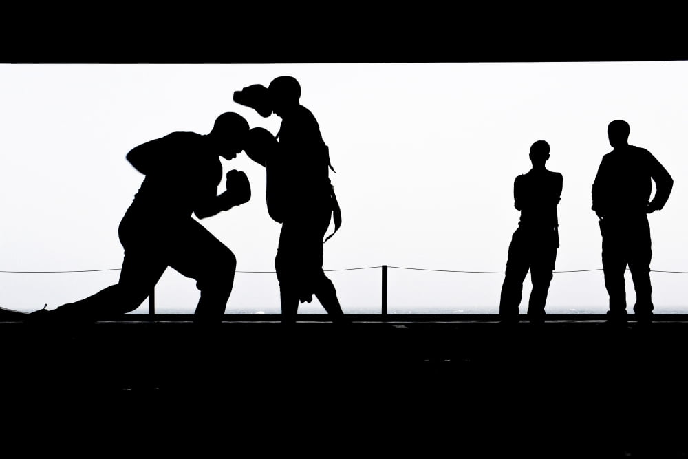 Aviation Boatswains Mates practice boxing in the hangar bay Canvas Art - Stocktrek Images (35 x 23)