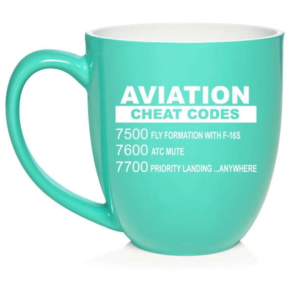 Aviation Cheat Codes Pilot Ceramic Coffee Mug Tea Cup Gift for Her, Him, Friend, Coworker, Wife, Husband (16oz Teal)