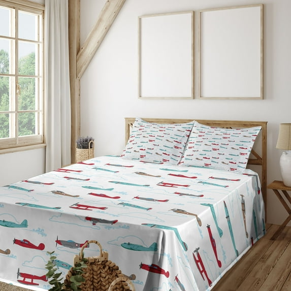 Ambesonne Aviation Emoji Fitted & Top Sheet Set with Sham, Classic Planes Print, White Seafoam Dark Pink