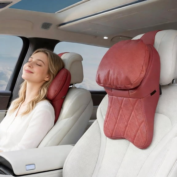 Aviation-Grade PU Leather Car Headrest, 100% Memory Foam Headrest Cushion, Ergonomic Fiber-Filled Soft & Breathable Headrest for Cars, SUVs, Sedans, Home & Office (Red)