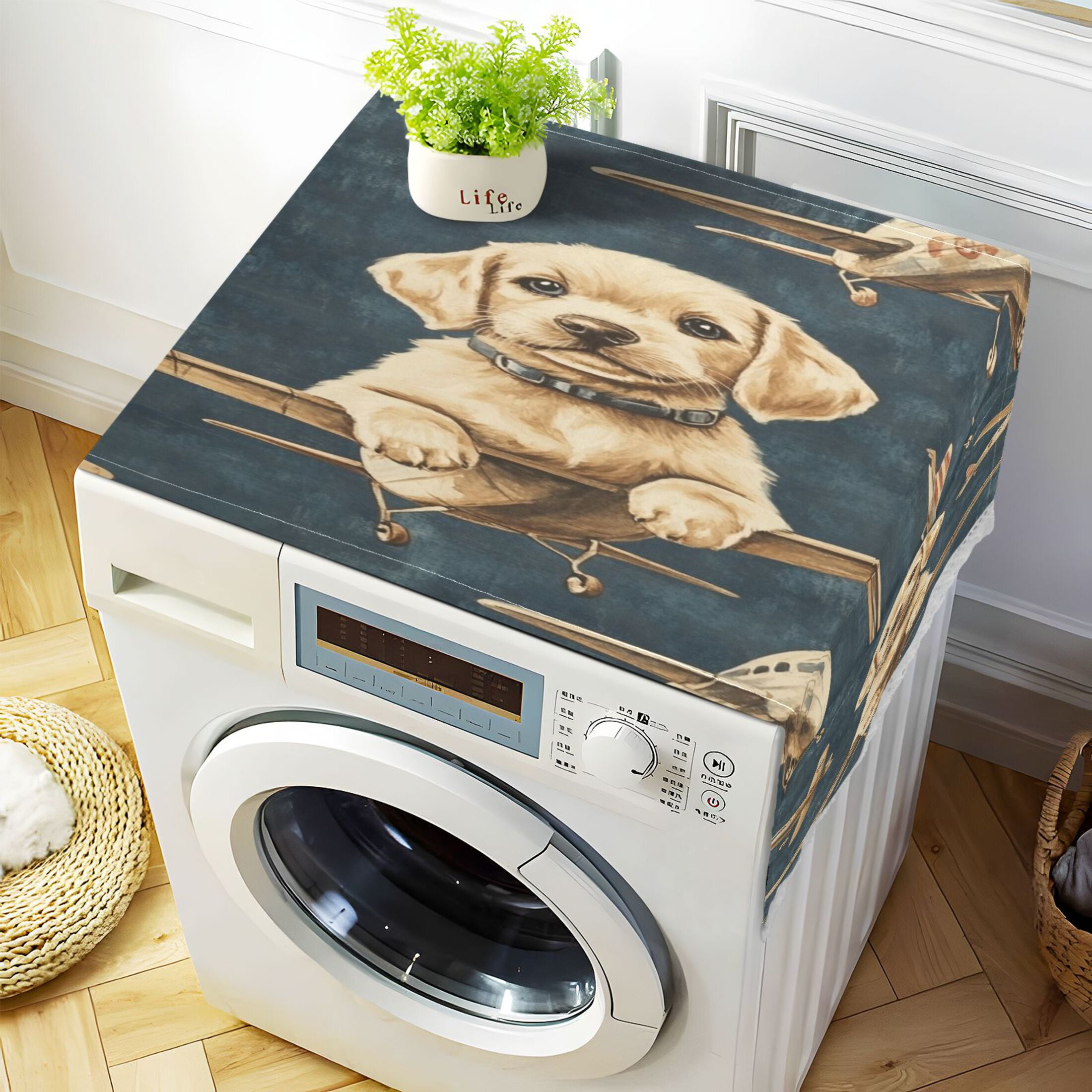 Aviation PuppyWasher and Dryer Covers Dust-Proof and Oil Resistant Fridge Cover with 4 Storage Pockets Washing Machine Top Cover for Laundry Kitchen Home 51.2 x 22 In