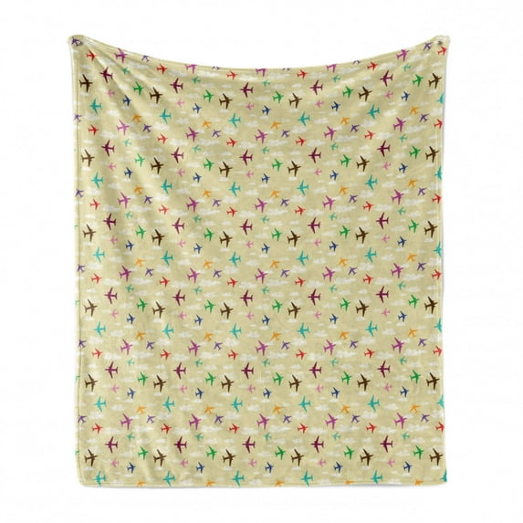 Aviation Soft Flannel Fleece Blanket, Illustration of Colorful Airplanes in Sky Romantic Cloud Repetitive Design, Cozy Plush for Indoor and Outdoor Use, 50" x 70", Beige Multicolor, by Ambesonne