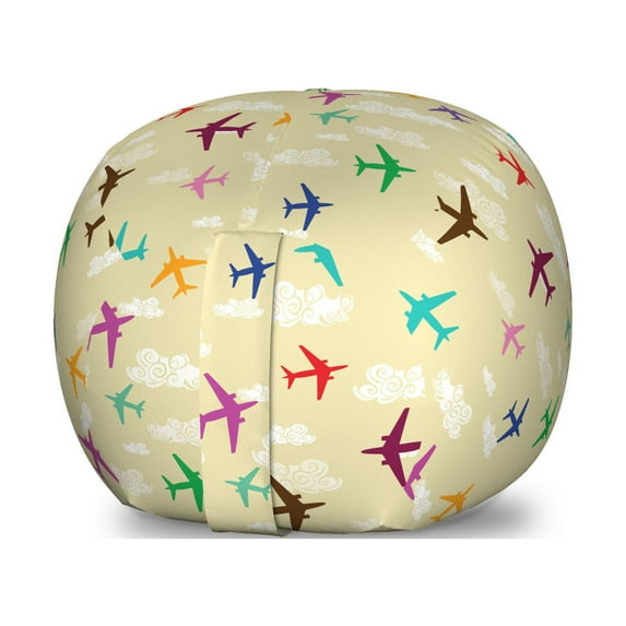 Aviation Storage Toy Bag Chair, Illustration of Colorful Airplanes in Sky Romantic Cloud Repetitive Design, Stuffed Animal Organizer Washable Bag, Small Size, Beige Multicolor, by Ambesonne
