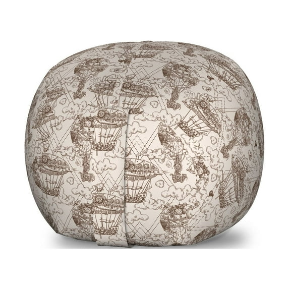 Aviation Storage Toy Bag Chair, Nostalgic Aircraft Zeppelin Ship Sketch on Pastel Background Pattern, Stuffed Animal Organizer Washable Bag, Large Size, Pale Eggshell and Umber, by Ambesonne