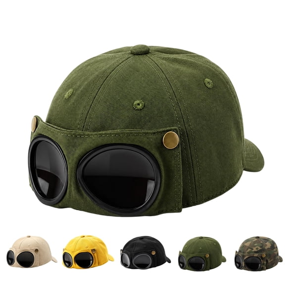 Aviator Baseball Cap with Detachable Goggles, Vintage Pilot Hat